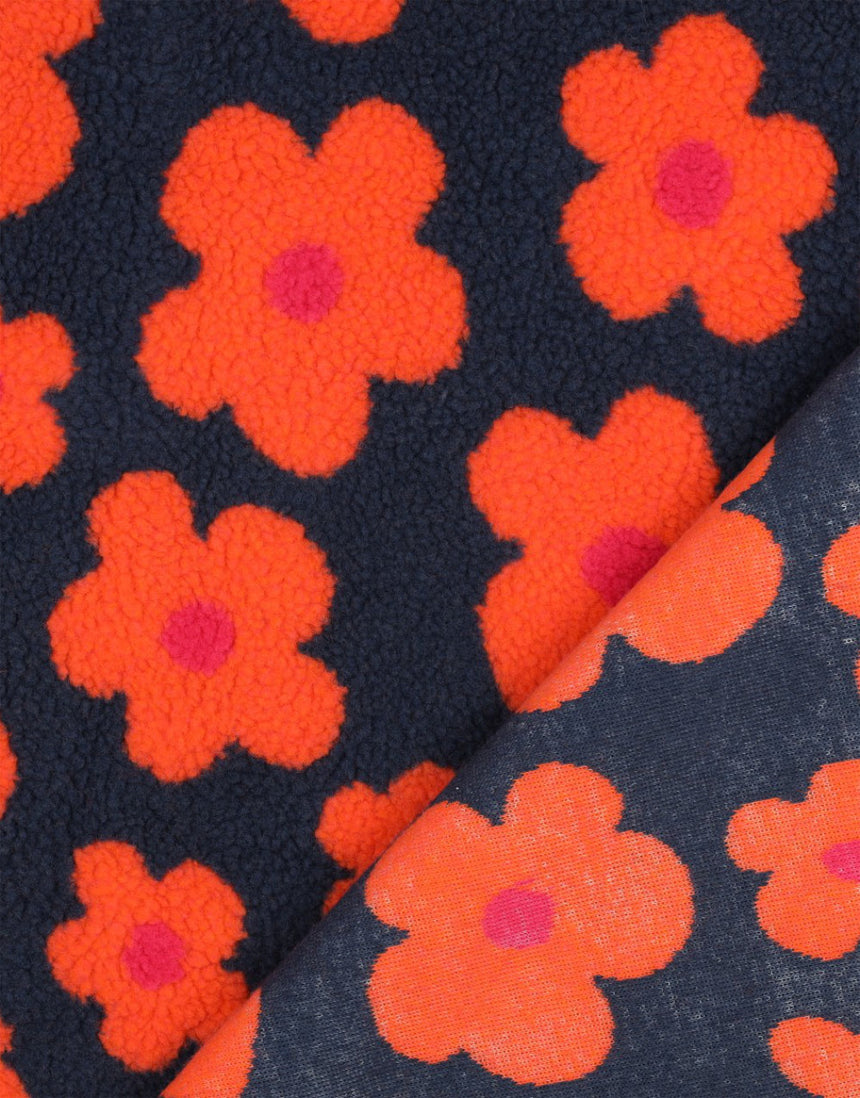 Navy & Coral Groovy Bloom Teddy Fleece Fabric