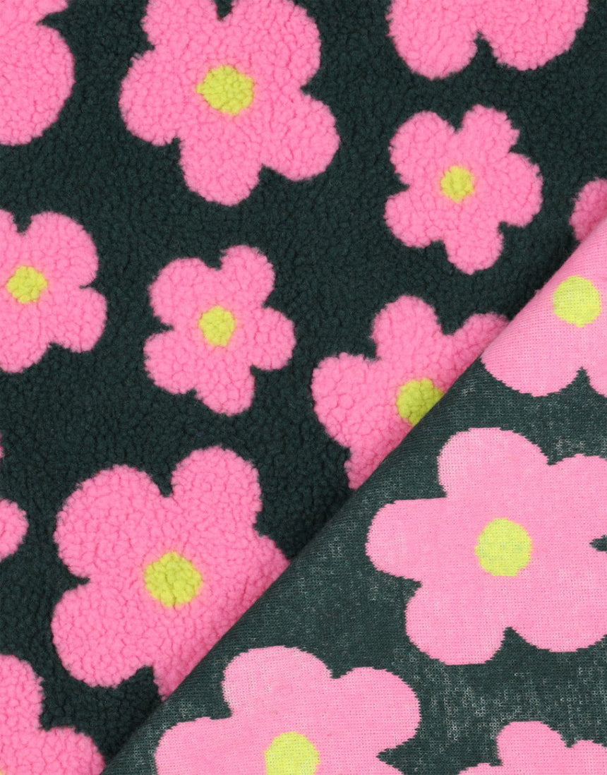 Green & Pink Groovy Bloom Teddy Fleece Fabric