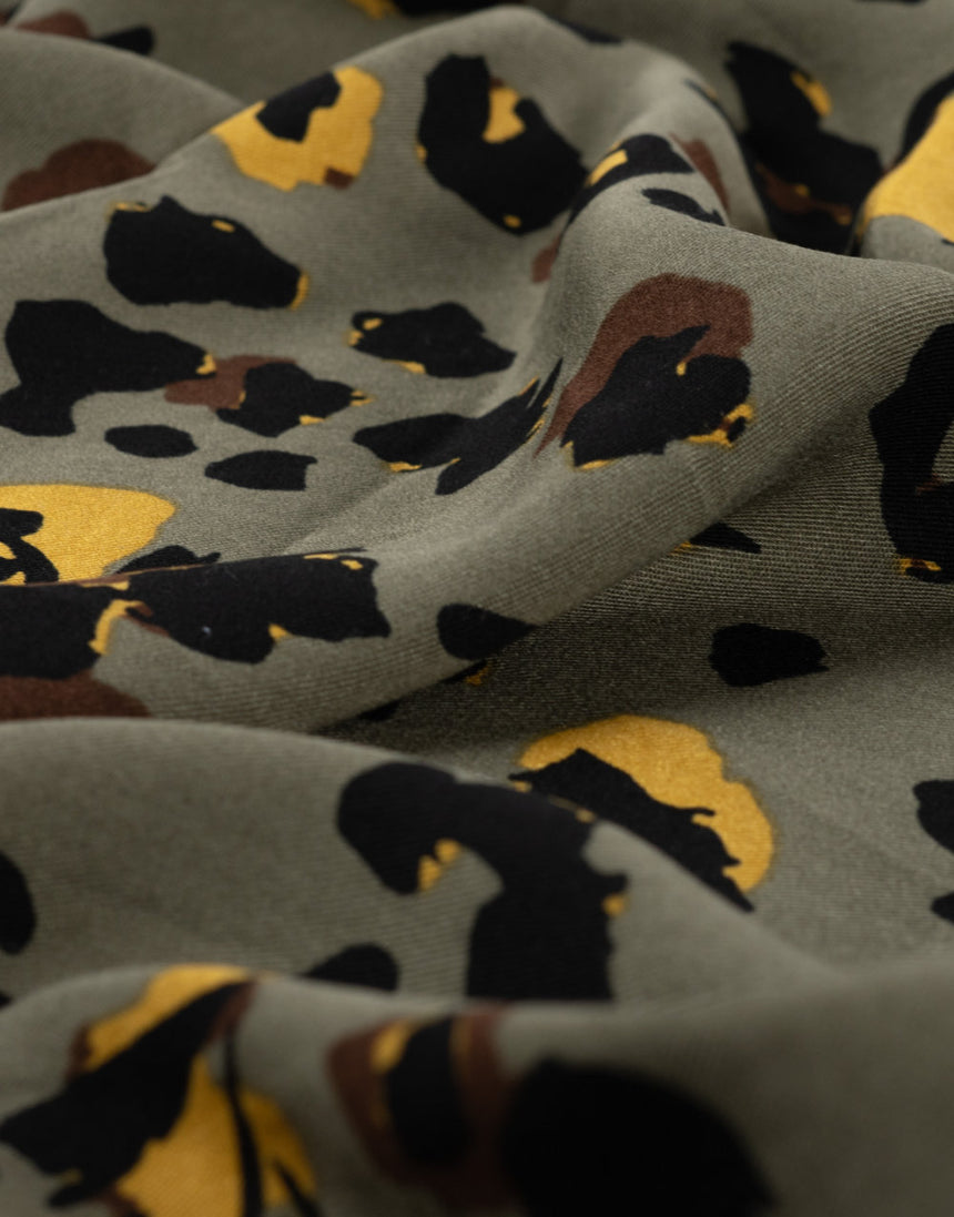 Khaki Bloom Leopard Viscose Twill Fabric