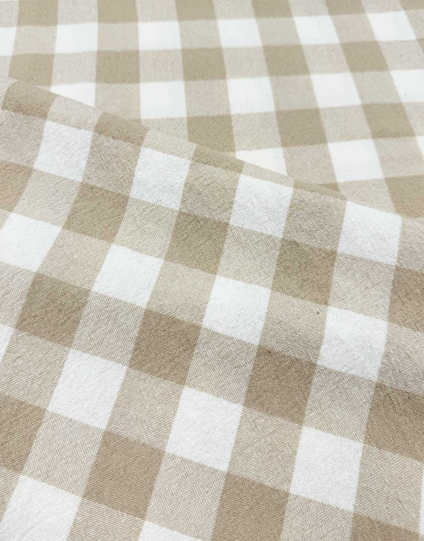 Beige Woven Checkered Organic Cotton Fabric