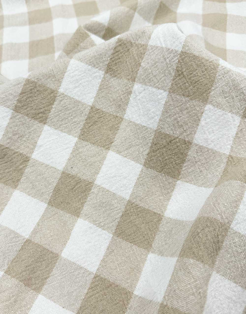 Beige Woven Checkered Organic Cotton Fabric