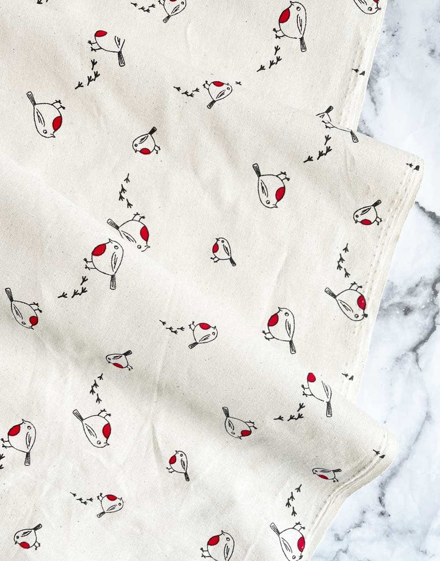 Not Specified Christmas Fabric Robins on Natural Cotton, Christmas Fabric 11425