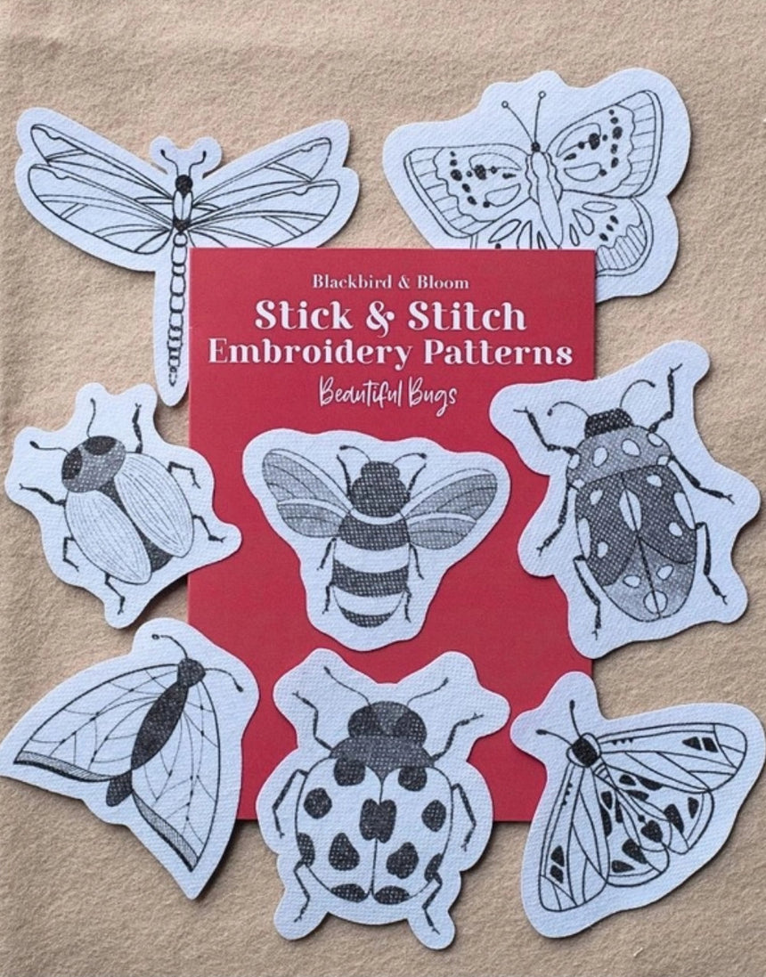 Beautiful Bugs Stick & Stitch Embroidery Patterns, Blackbird & Bloom