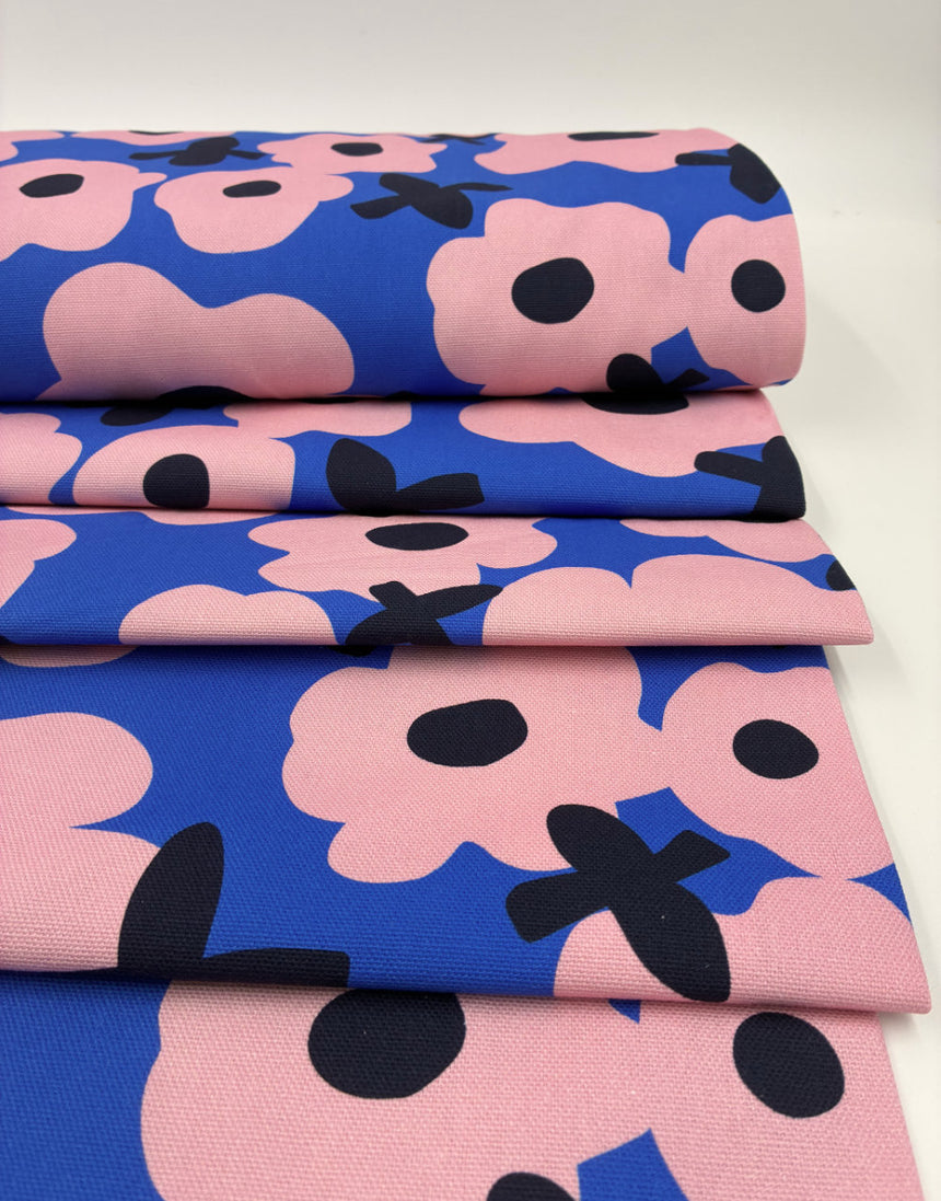 Blooming Pops Blue Cotton Canvas Fabric, Karine+Kind