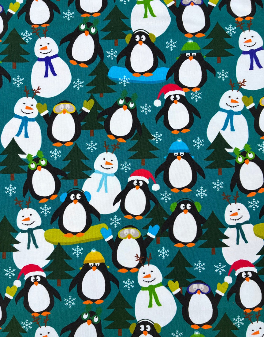 Christmas Penguin Party French Terry Fabric - Teal