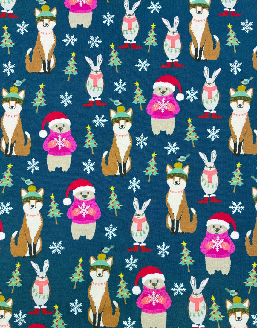 Christmas Woodland Friends French Terry Fabric - Teal