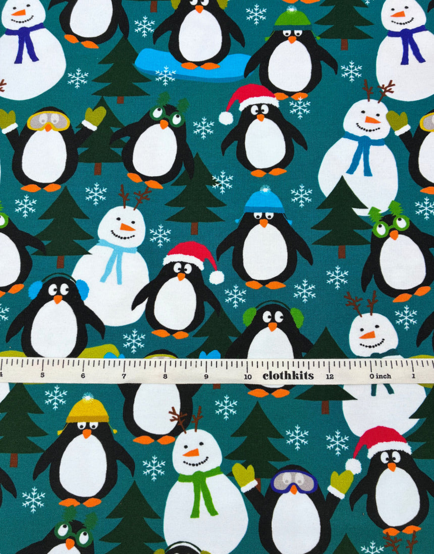 Christmas Penguin Party French Terry Fabric - Teal