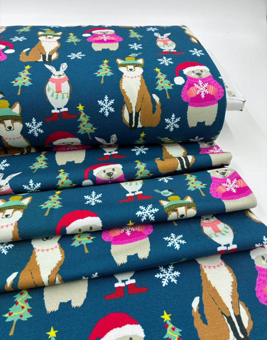 Christmas Woodland Friends French Terry Fabric - Teal