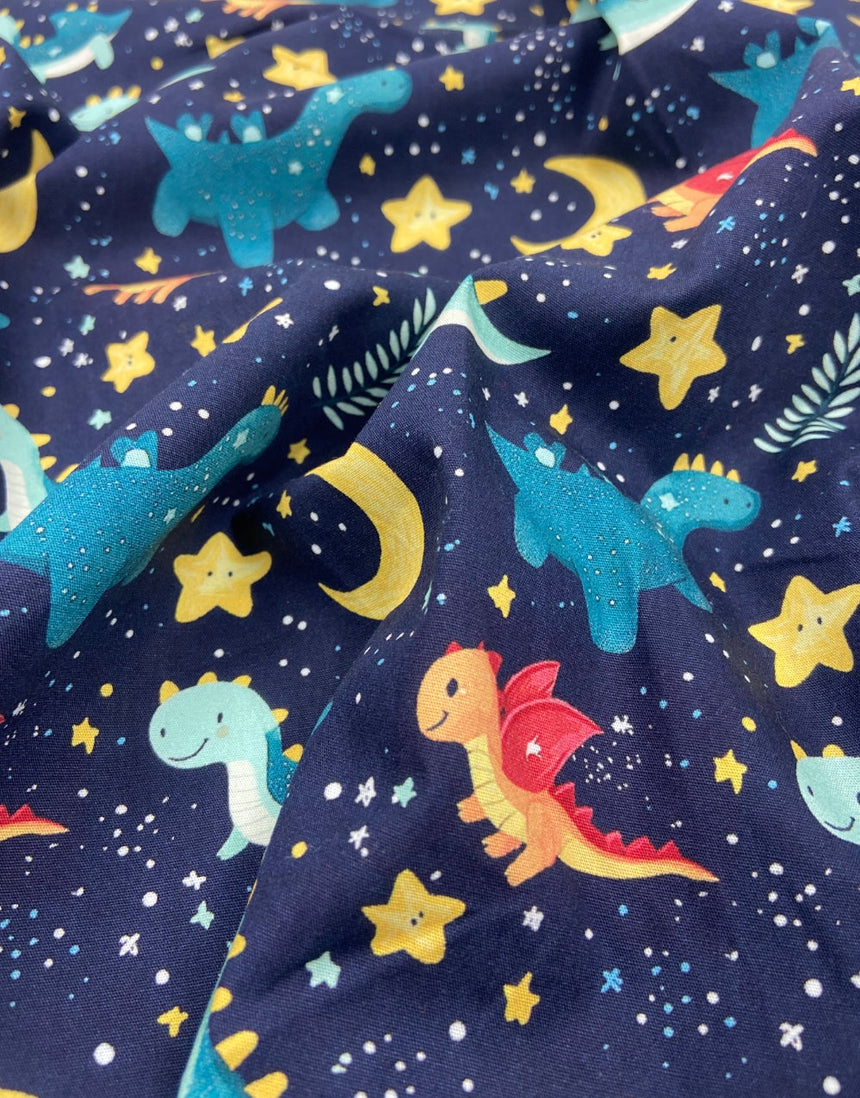 Midnight Dino Dream Cotton Poplin Fabric