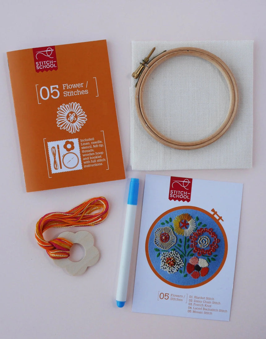 5 Flowers/Stitches Embroidery Kit, Stitch-School