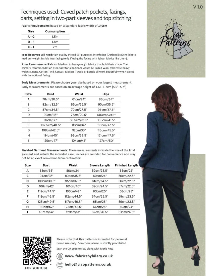 Giulia Short Jacket Paper Sewing Pattern, Ciao Patterns
