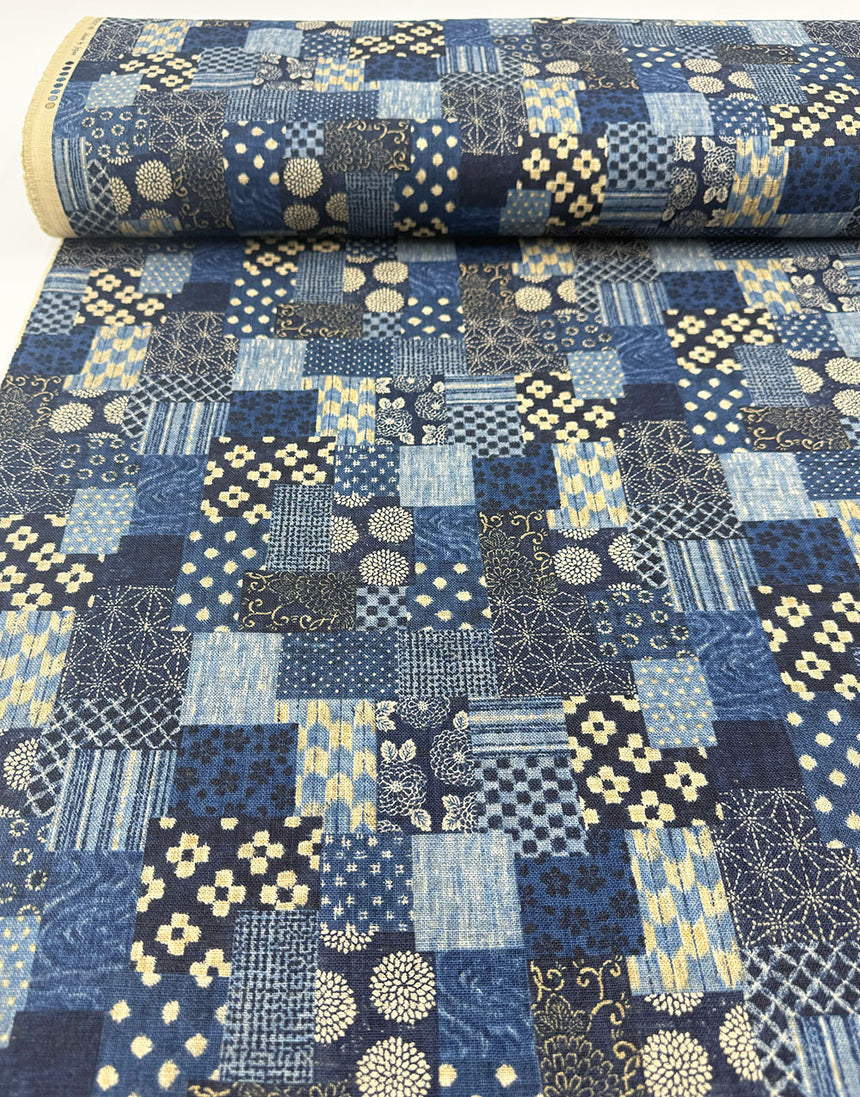 Sevenberry Japanese Textured Cotton Fabric - Indigo Patchwork