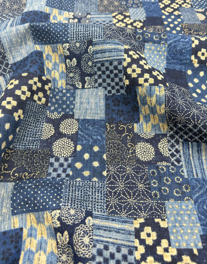 Sevenberry Japanese Textured Cotton Fabric - Indigo Patchwork