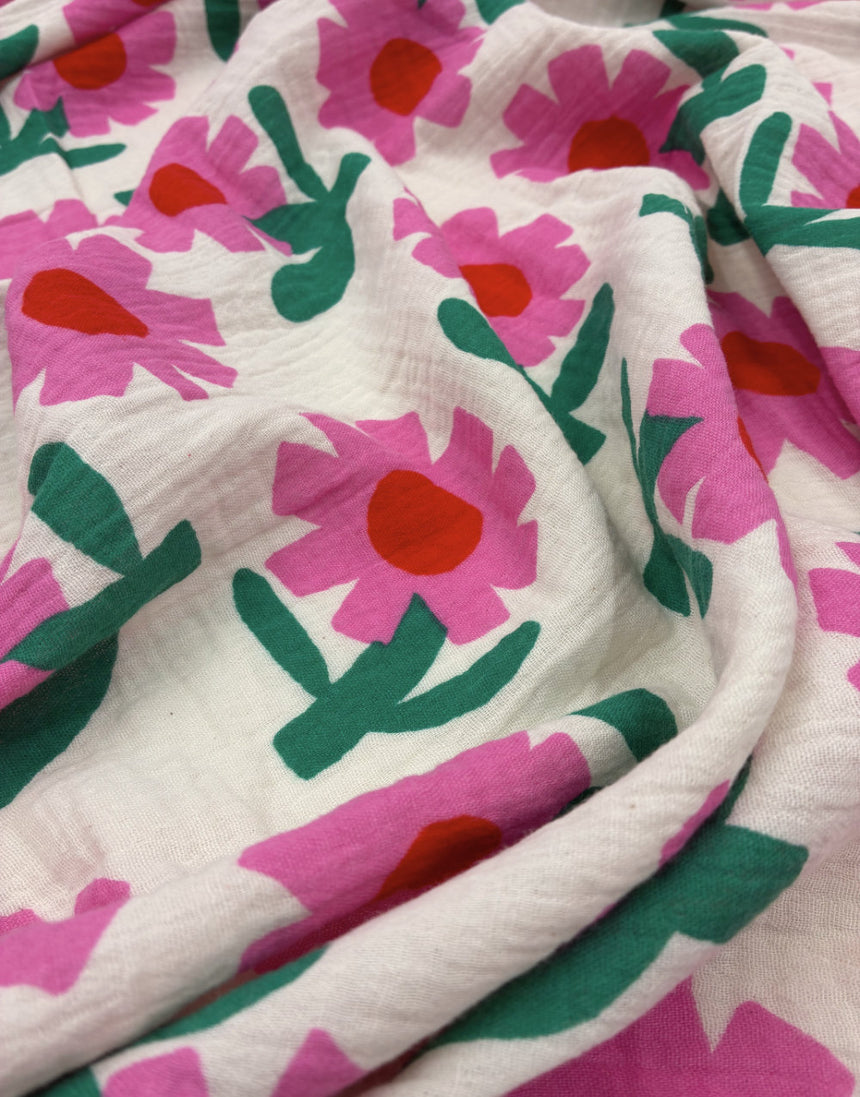 Pink Flower Pop Organic Cotton Double Gauze Fabric, Jennifer Bouron