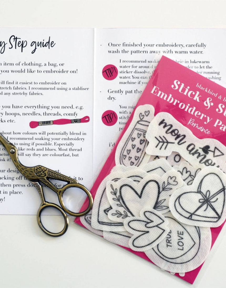 Romance Stick & Stitch Embroidery Patterns, Blackbird & Bloom