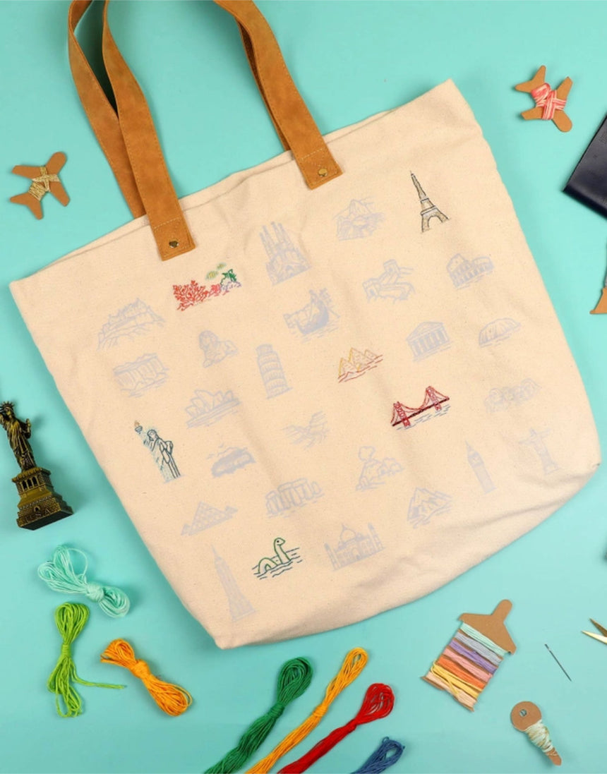Stitch The World Bucket List Tote Bag Embroidery Kit, Chasing Threads