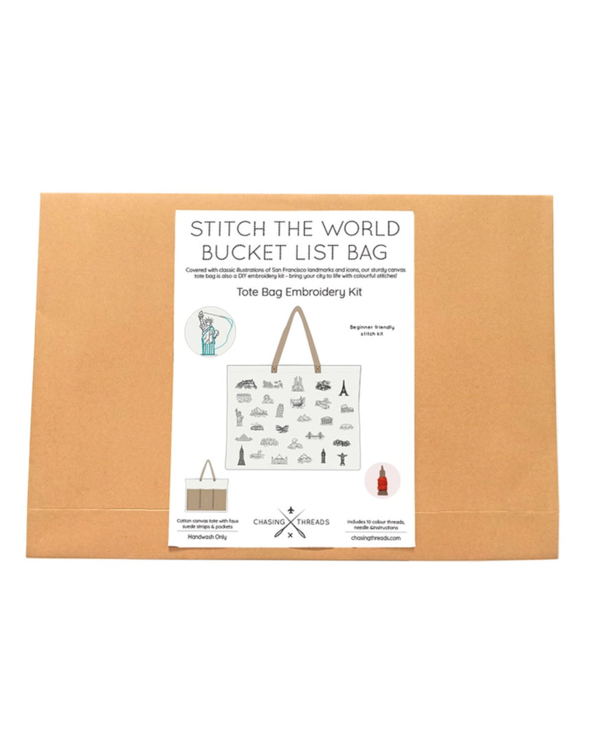 Stitch The World Bucket List Tote Bag Embroidery Kit, Chasing Threads