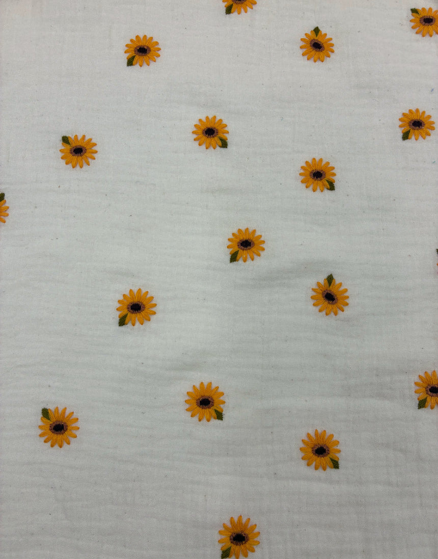 Sunflower Sprinkle Embroidered Double Gauze Cotton Fabric
