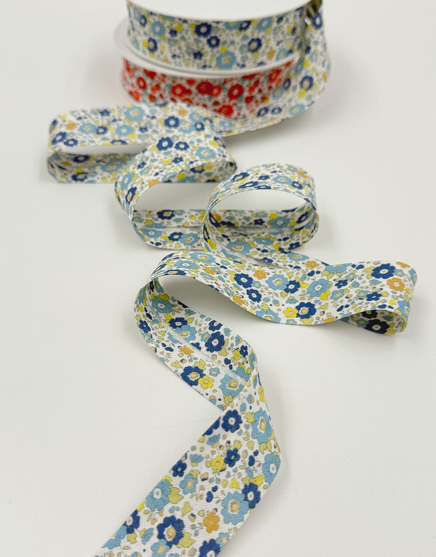 Blue Blossom Floral Cotton Bias Binding, 25mm