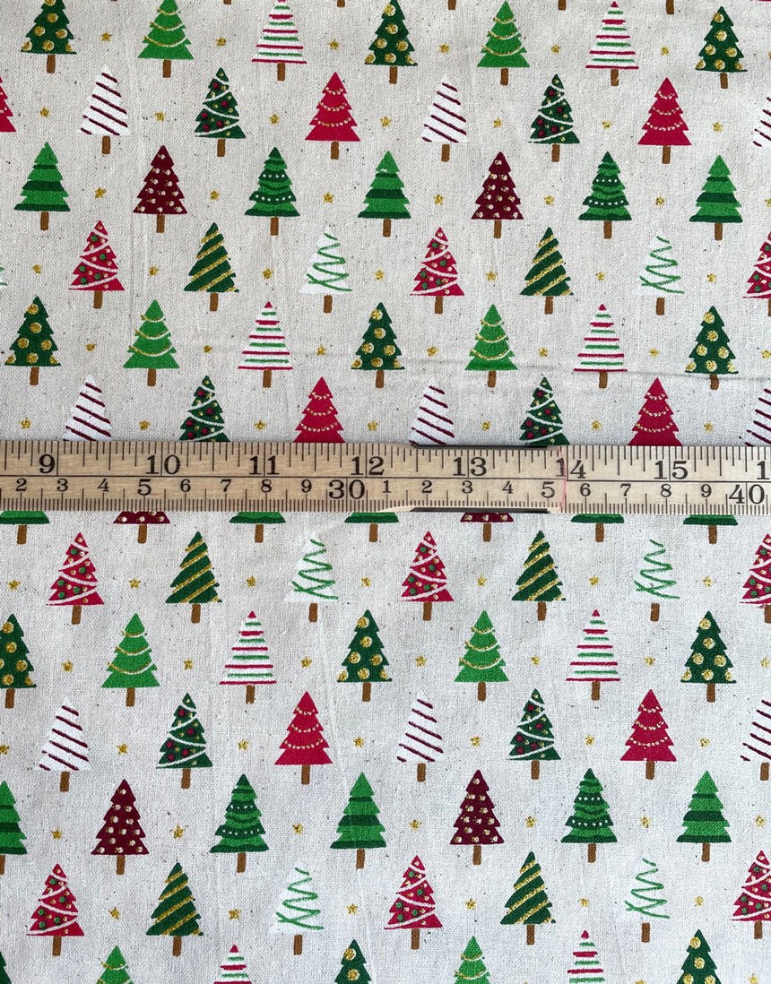 Red & Green Christmas Trees Gold Glitter Natural Cotton, Christmas Fabric