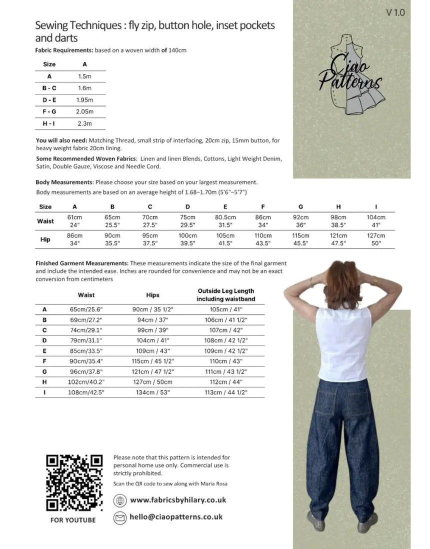 Ciro Linen Paola Trouser Dressmaking Kit, Ciao Patterns