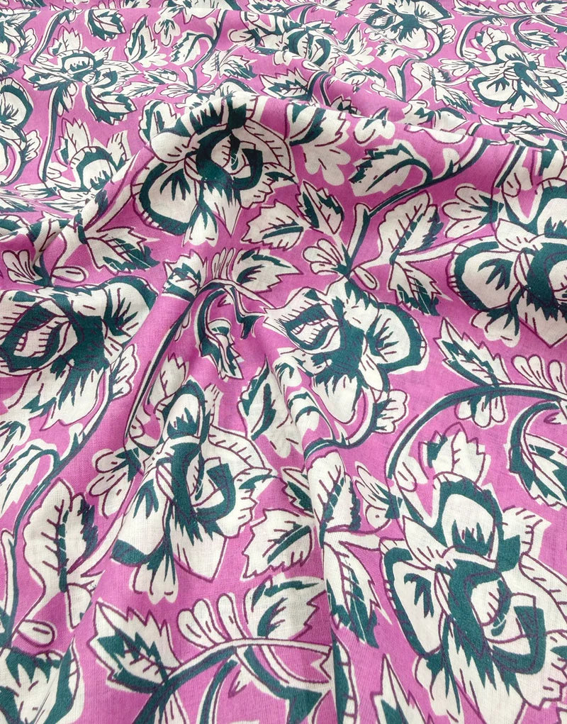 Remnant 1.75m - Pink Bel Floral, Indian Block Print Cotton Fabric