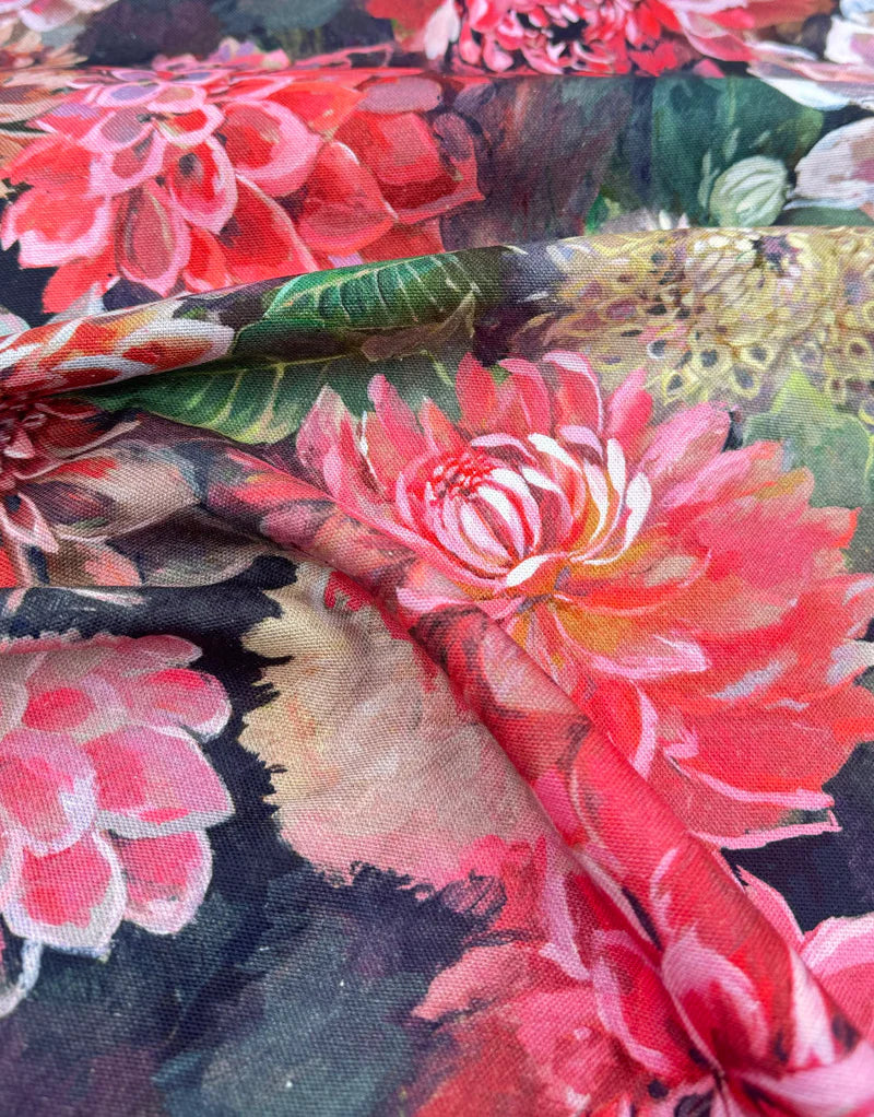 Remnant 1.2m - Dahlia Noir Printed Cotton Canvas Fabric