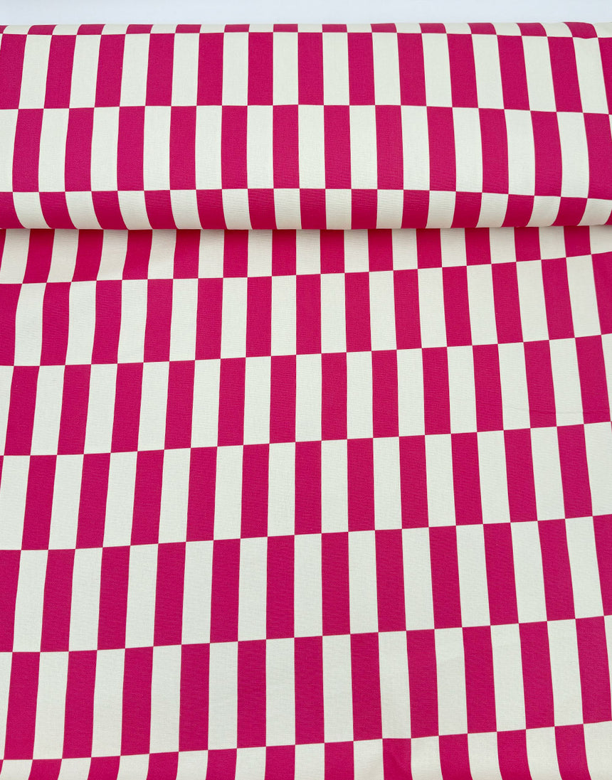 Wonky Pink Check Print Cotton Canvas Fabric
