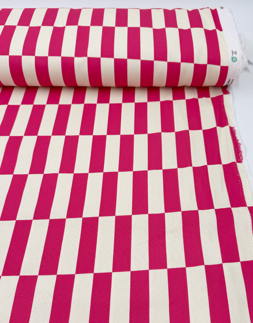 Wonky Pink Check Print Cotton Canvas Fabric
