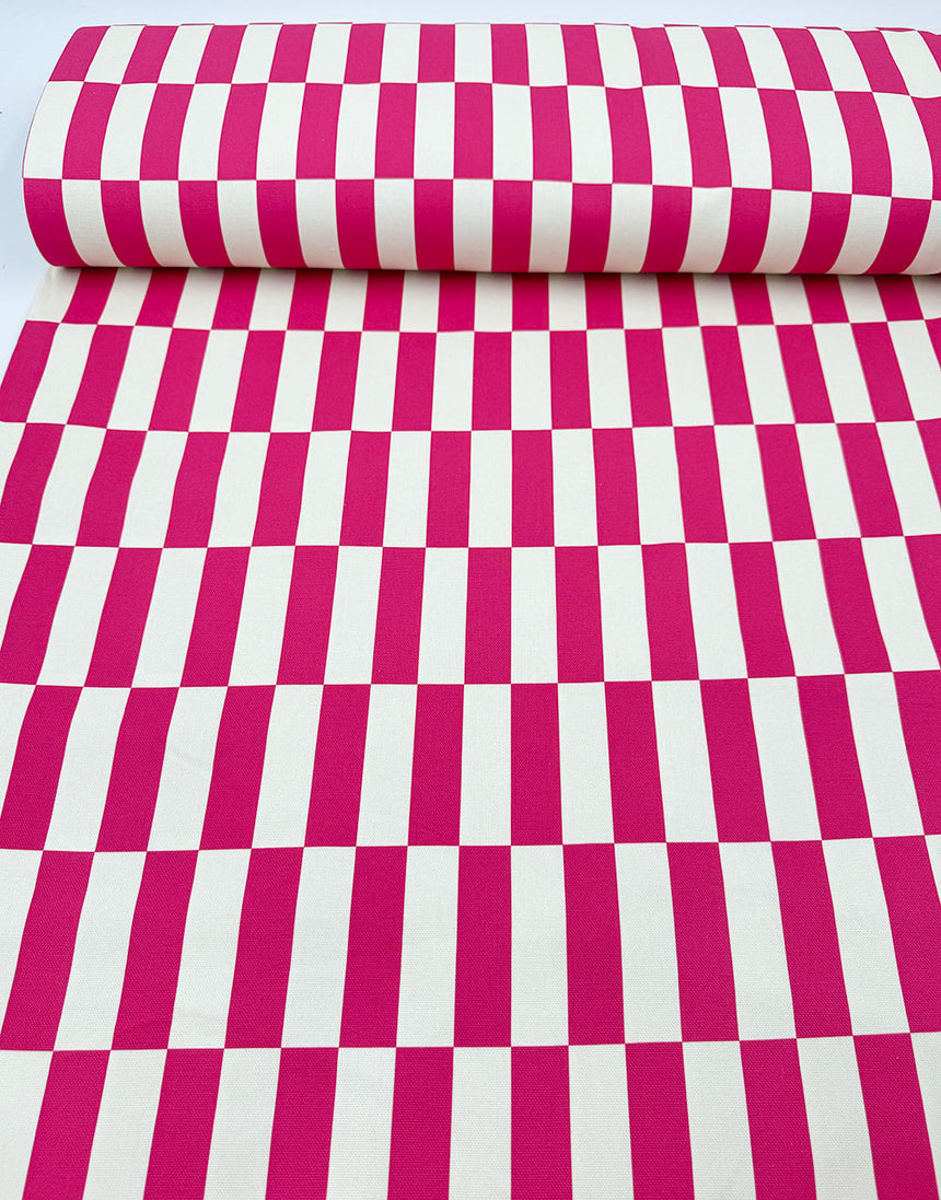Wonky Pink Check Print Cotton Canvas Fabric