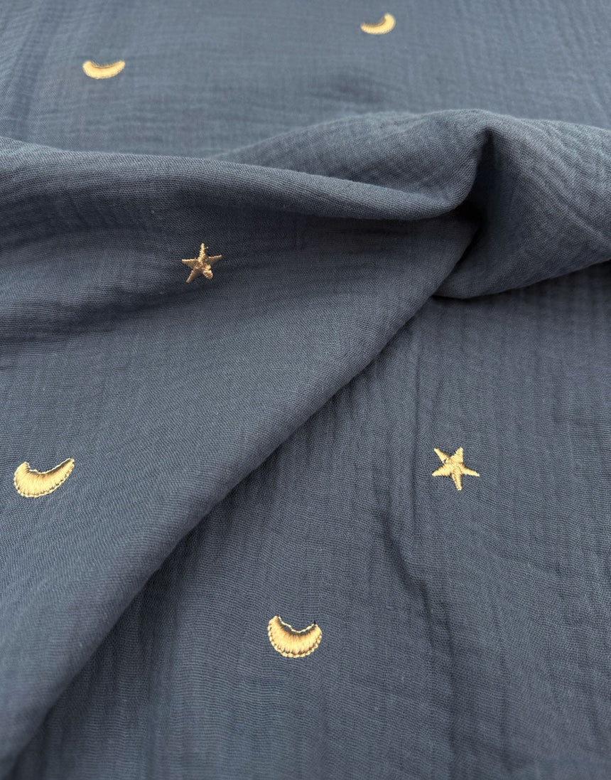 Remnant 50cm - Blue Moonlight Embroidered Cotton Double Gauze Fabric