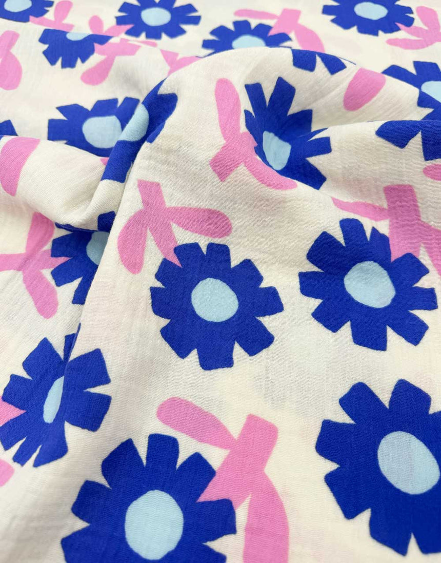 Blue Flower Pop Organic Cotton Double Gauze Fabric, Jennifer Bouron