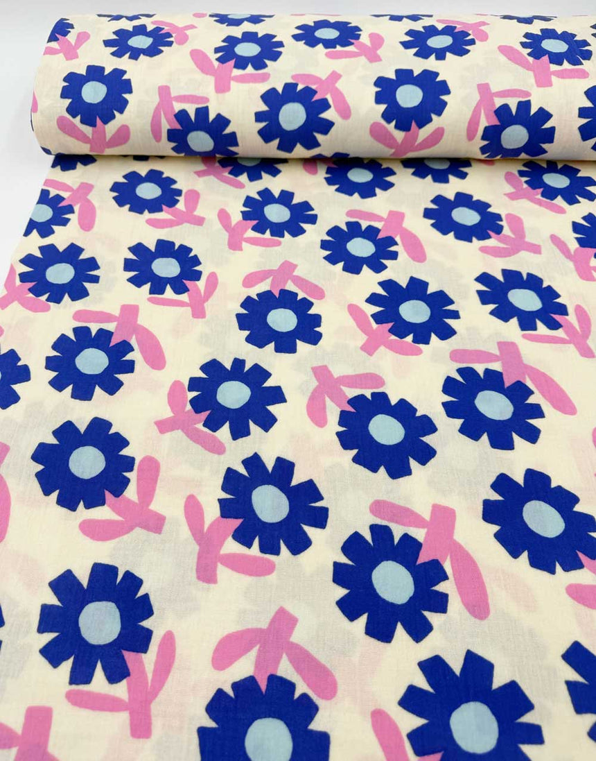 Blue Flower Pop Organic Cotton Double Gauze Fabric, Jennifer Bouron