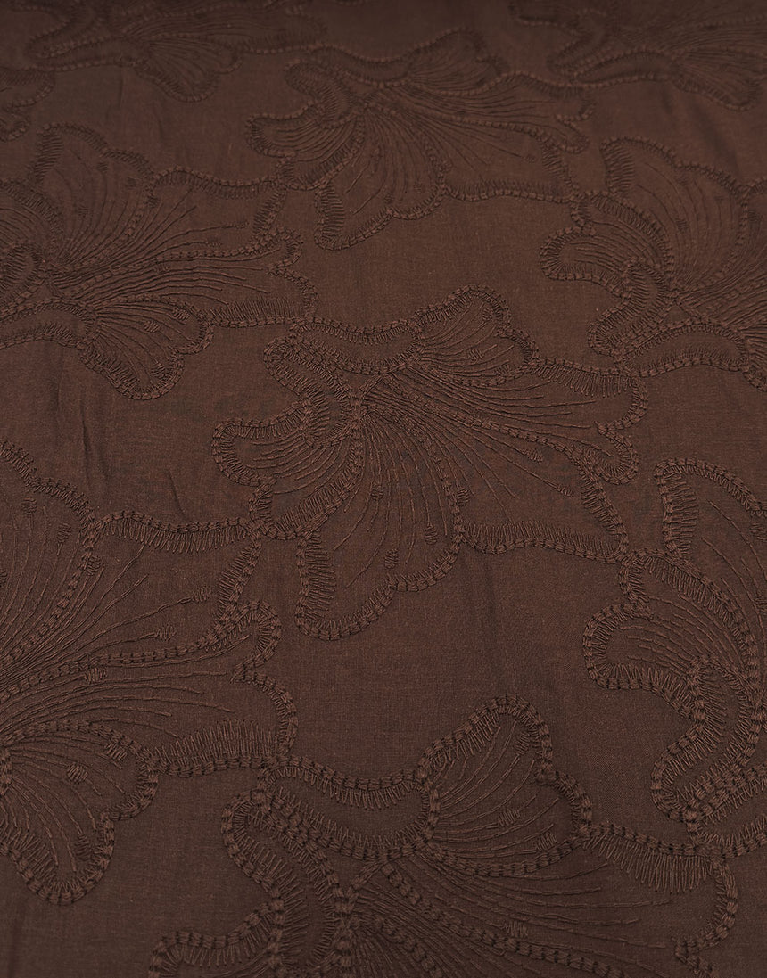 Chocolate Brown Floral Embroidered Cotton Fabric