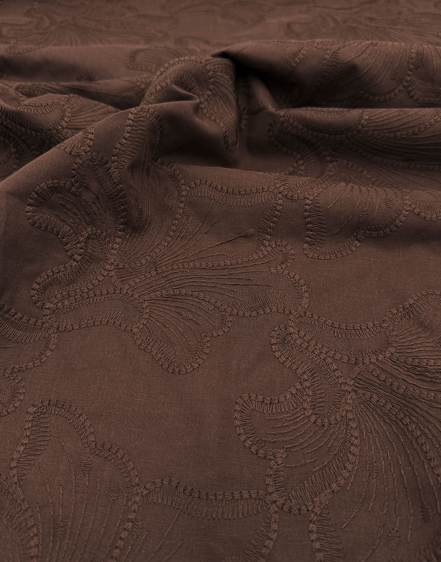 Chocolate Brown Floral Embroidered Cotton Fabric