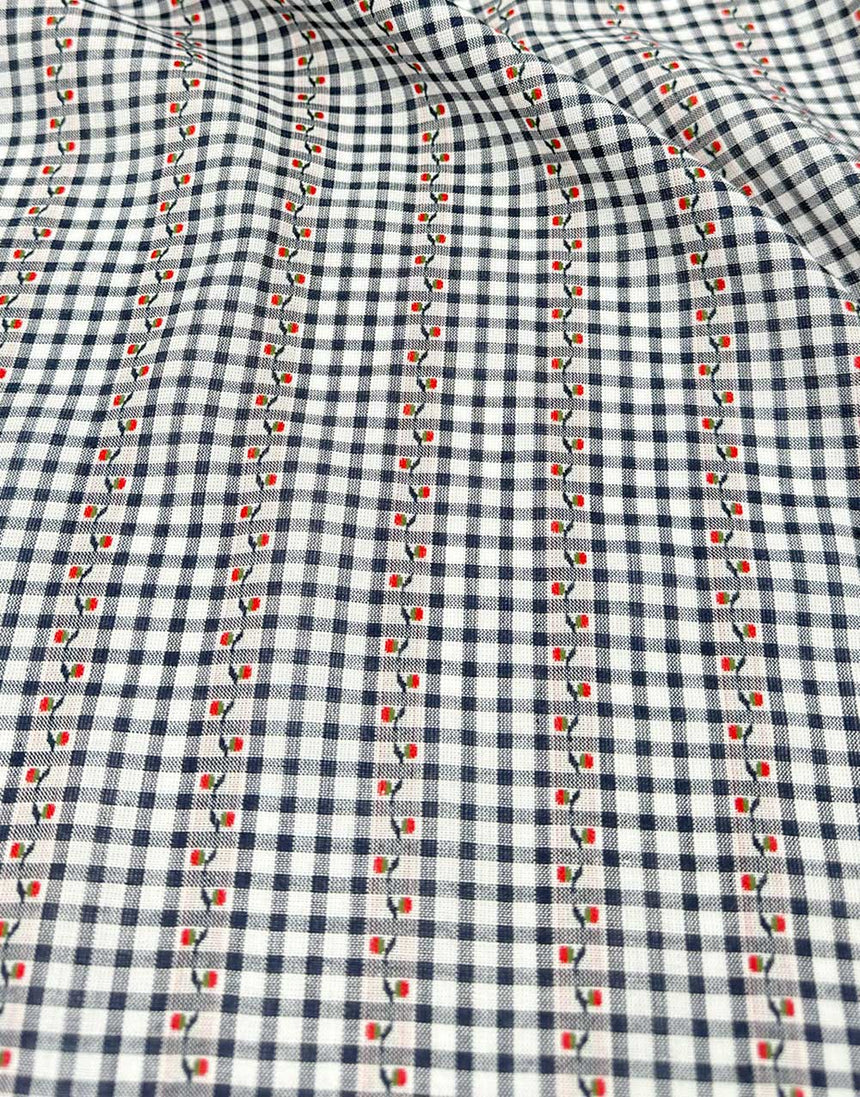 Gingham Blossom Navy Striped Jacquard Cotton Fabric