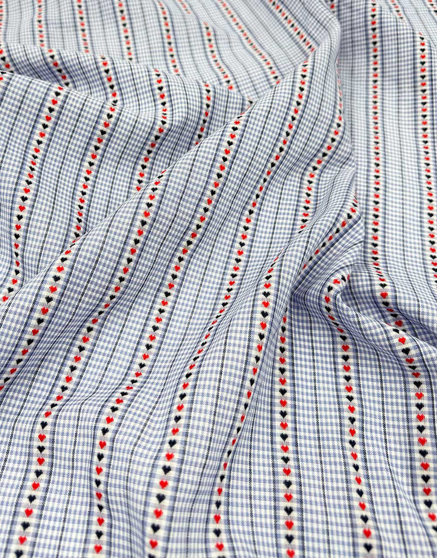 Gingham Hearts Light Blue Striped Jacquard Cotton Fabric