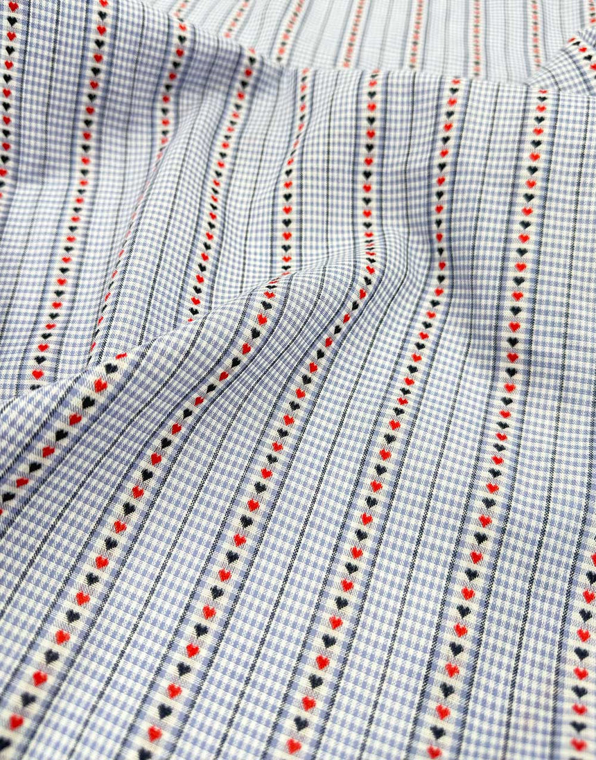 Gingham Hearts Light Blue Striped Jacquard Cotton Fabric