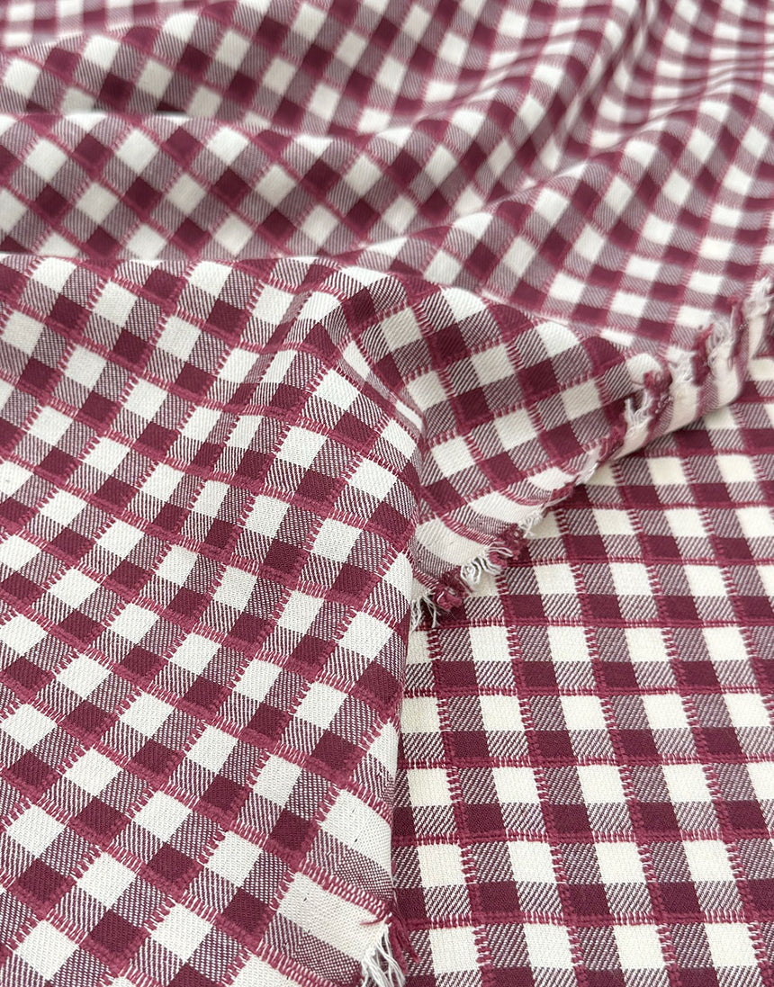 Burgundy & Cream Stitched Gingham Cotton Yarn-Dyed Fabric