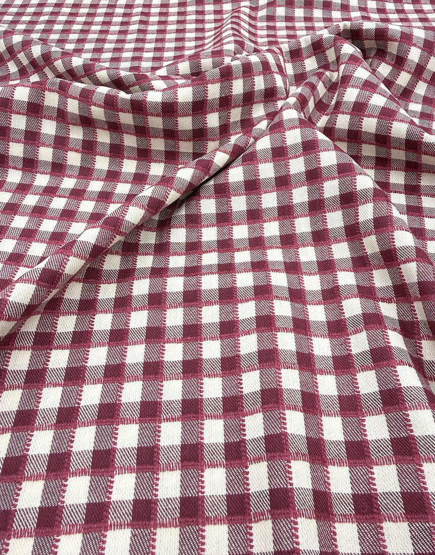 Burgundy & Cream Stitched Gingham Cotton Yarn-Dyed Fabric