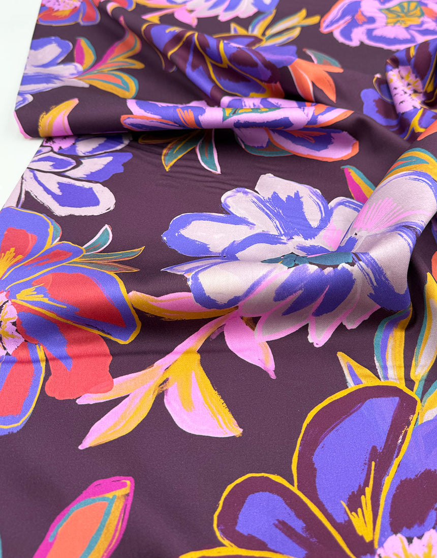 Aubergine Electric Peony Cotton Sateen Fabric