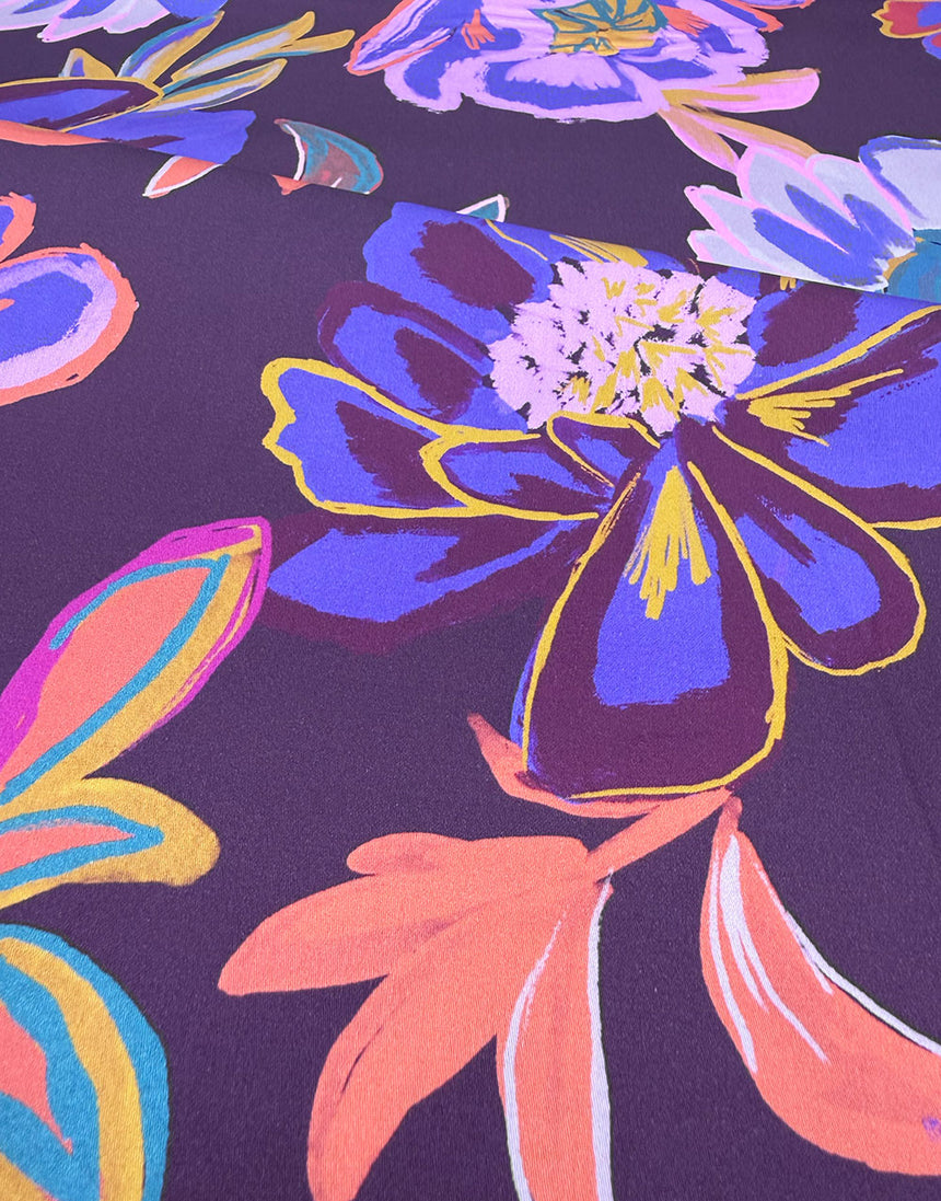 Aubergine Electric Peony Cotton Sateen Fabric
