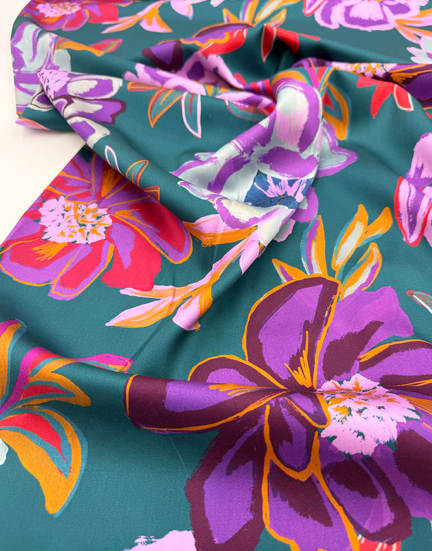 Petrol Electric Peony Cotton Sateen Fabric