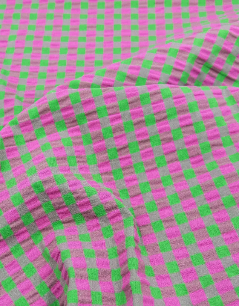 Remnant 1.2m - Candy Pink & Lime Seersucker Gingham Cotton Fabric