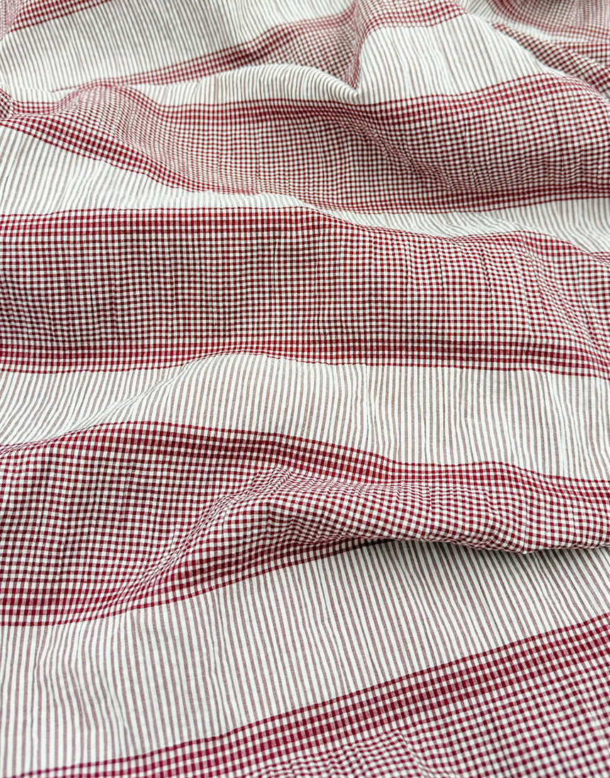 Burgundy Gingham & Stripe Yarn-Dyed Cotton Seersucker Fabric