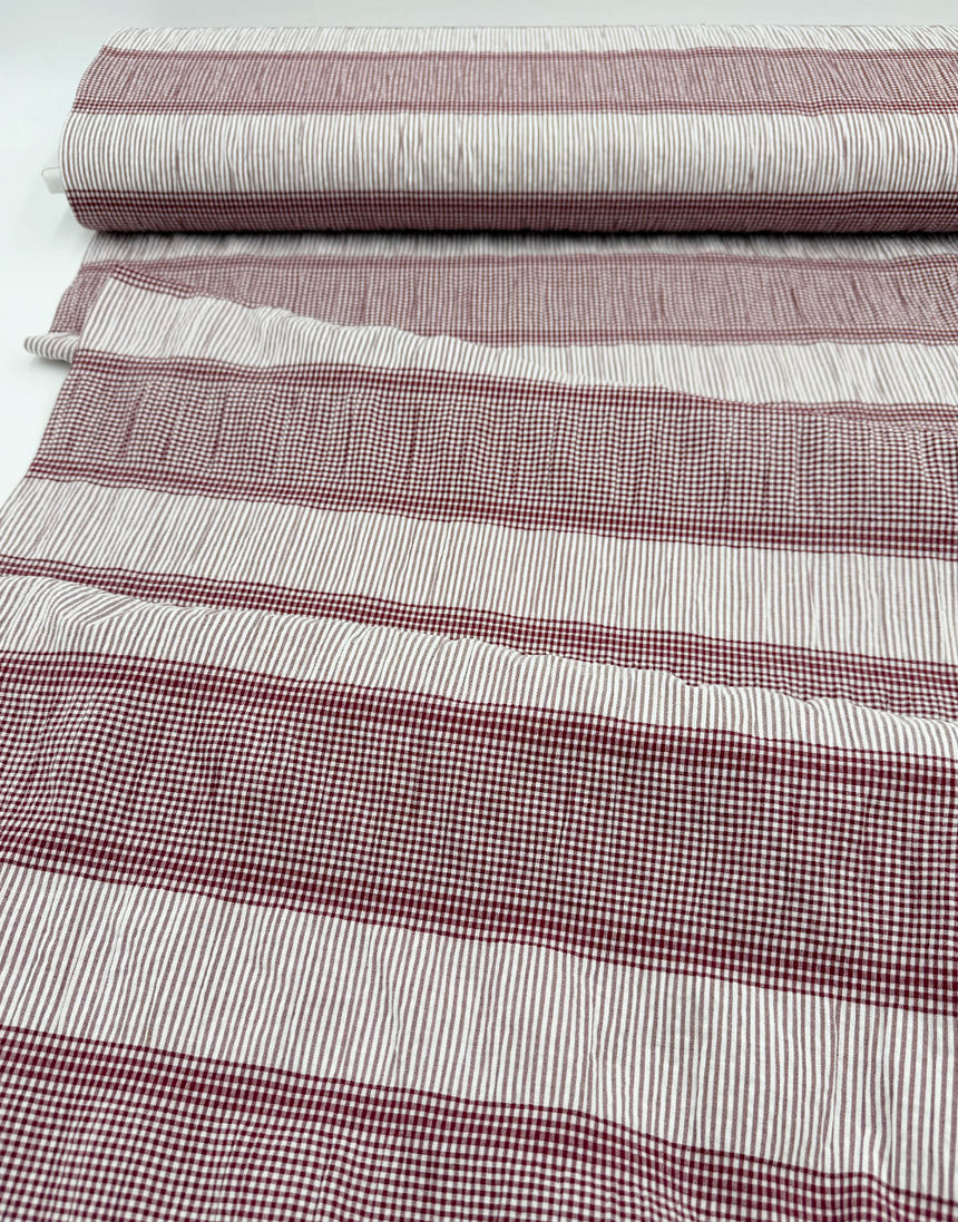 Burgundy Gingham & Stripe Yarn-Dyed Cotton Seersucker Fabric