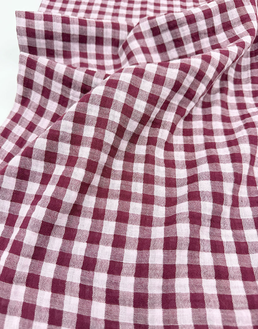 Burgundy & Pink Checked Gingham Double Gauze Fabric
