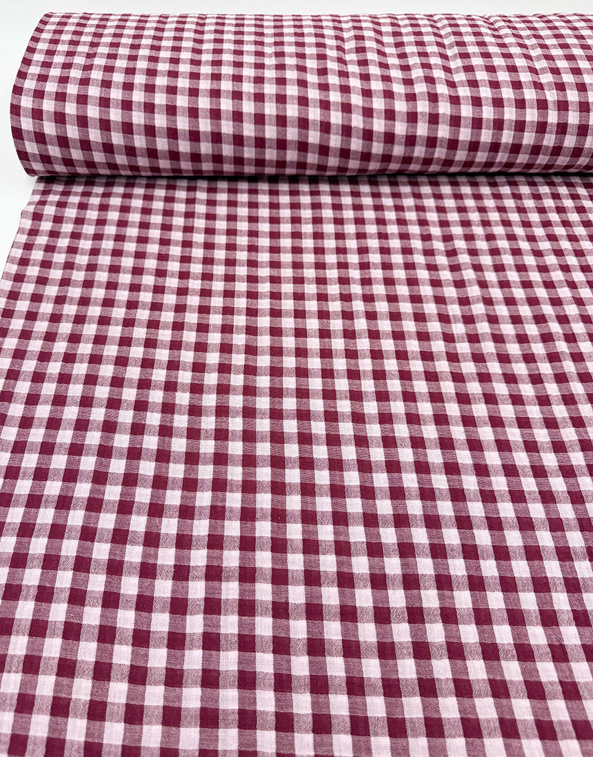 Burgundy & Pink Checked Gingham Double Gauze Fabric