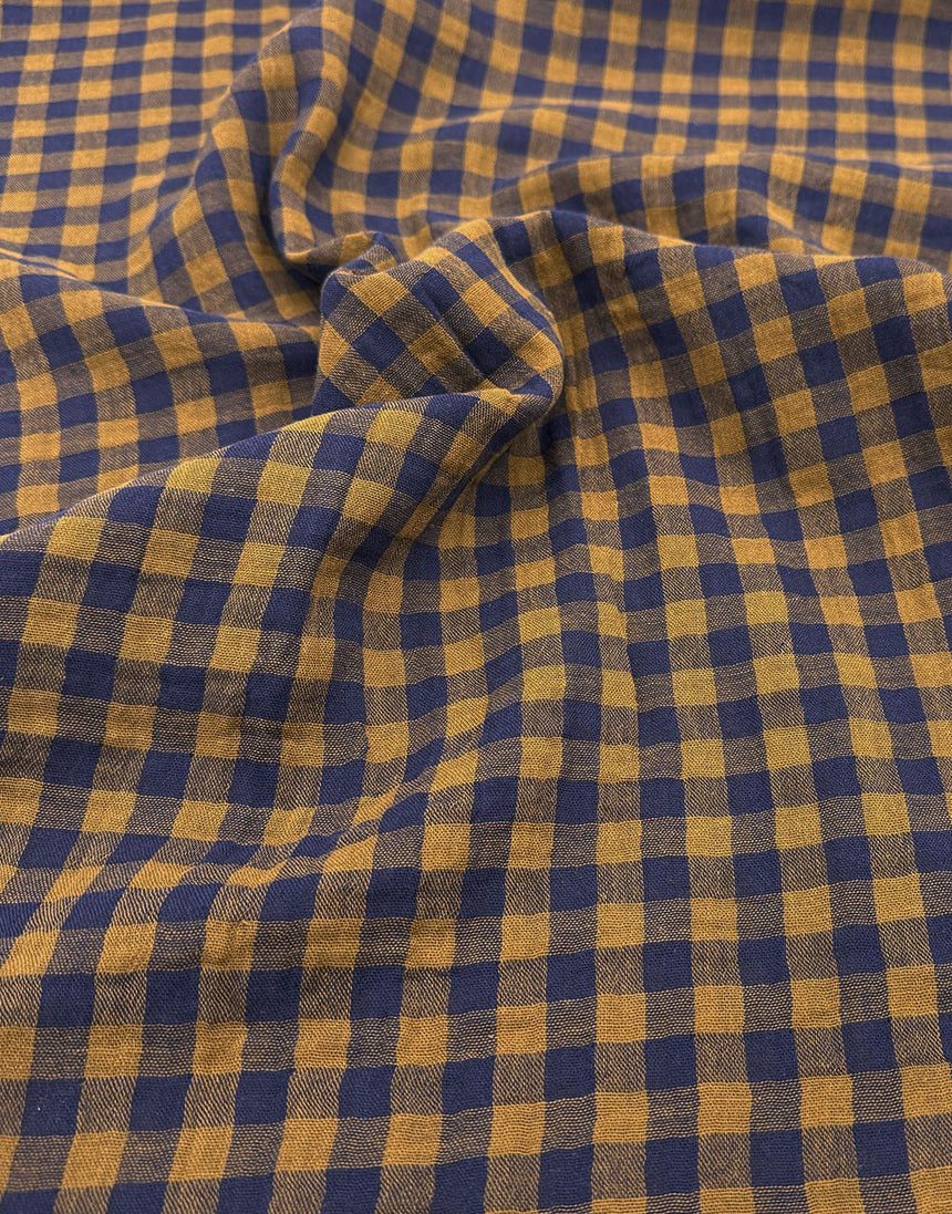 Cognac & Navy Checked Gingham Double Gauze Fabric
