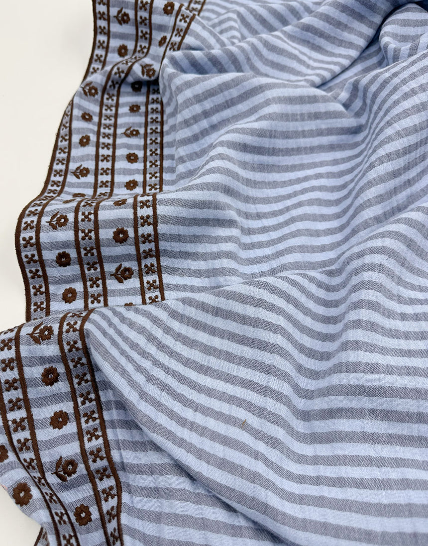 Blue Stripe & Floral Border Embroidered Double Gauze Fabric